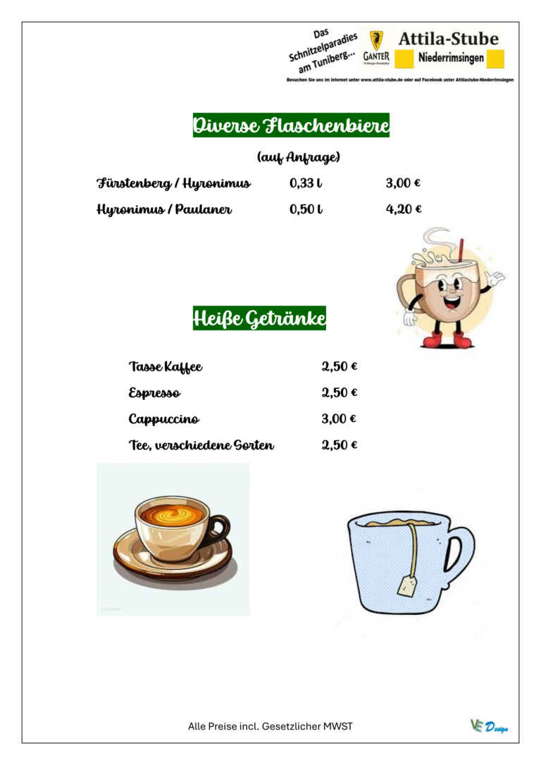 Diverse Flaschenbiere und heiße Getränke