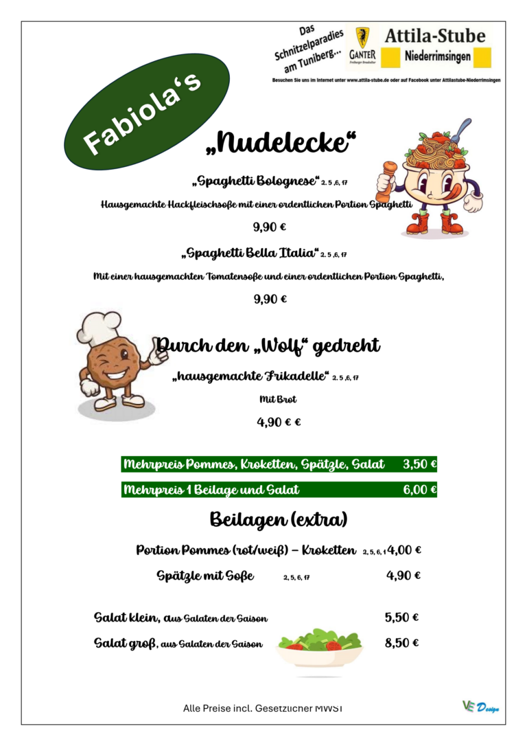 Nudeln, Frikadellen, Beilagen und Salate